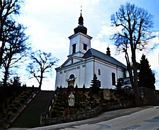 Kościółek na wzgórzu schody drzewa budowla sakralna posąg skalniak namalowany pędzlem Sajmon Grafika Graficzek 