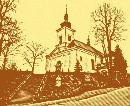 Kościółek na wzgórzu schody drzewa budowla sakralna posąg skalniak Sajmon Grafika Graficzek